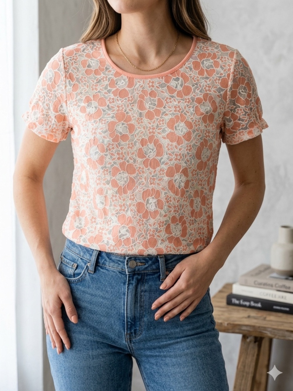 Alt.B Peach Floral Lace Short-Sleeve Top